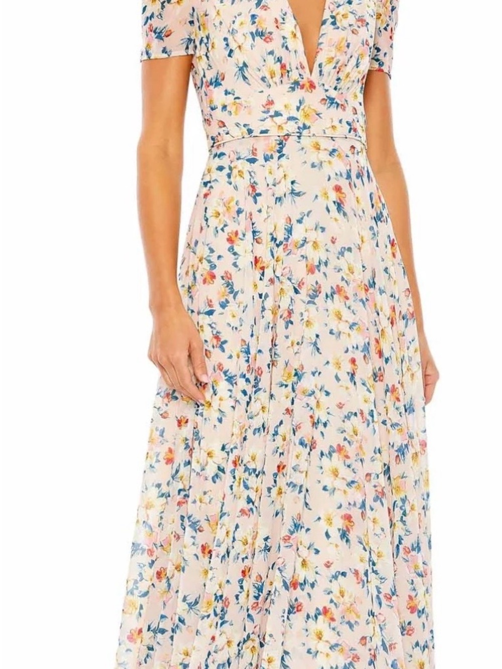 Mac Duggal Blush Pink Floral V-Neck Maxi Dress